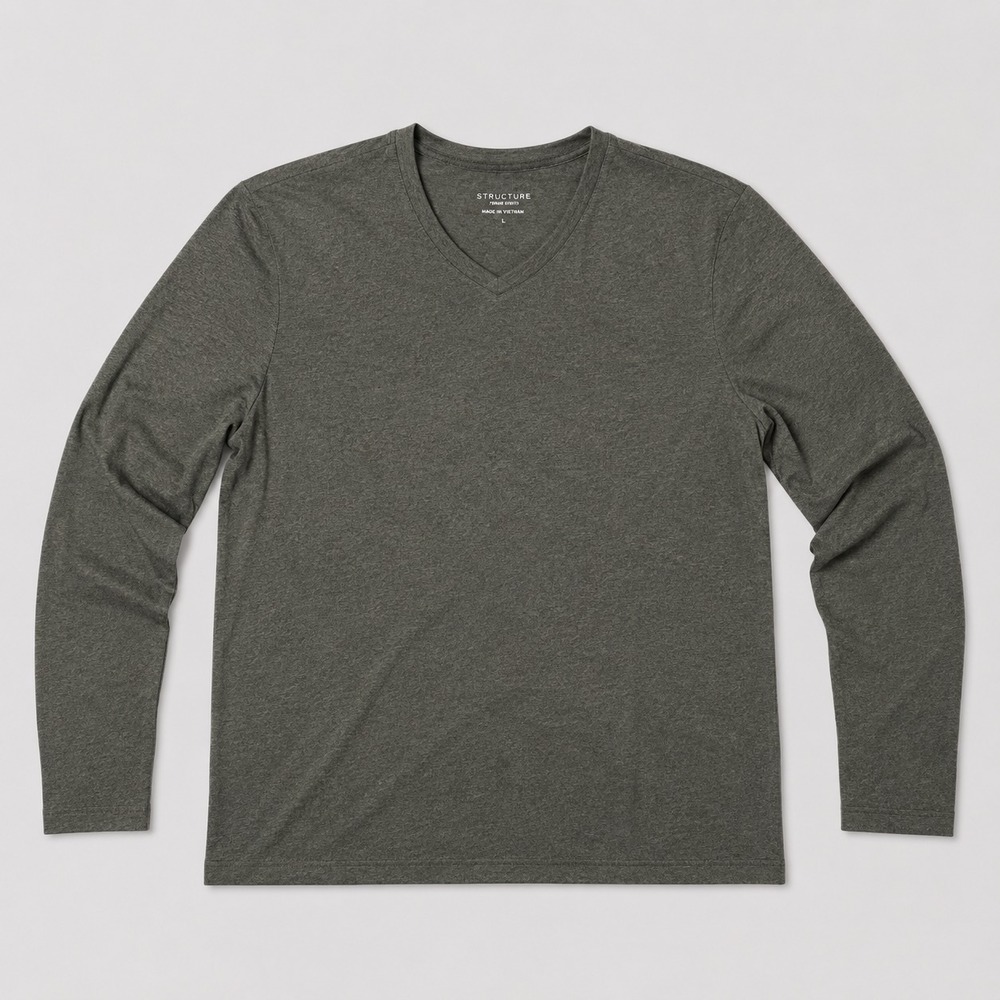 Structure Mens Large Slim Fit Gray V Neck Long Sleeve T Shirt Tee Casual